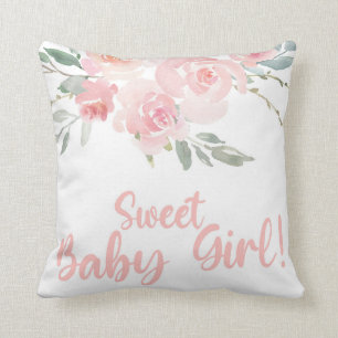 Sweet Baby Girl pink floral baby shower pillow. Throw Pillow