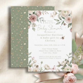 Sweet Baby Girl to Bee Rose Floral Pink n Ivory Invitation