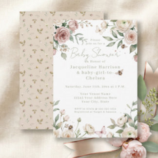 Sweet Baby Girl to Bee Rose Floral Pink n Ivory Invitation