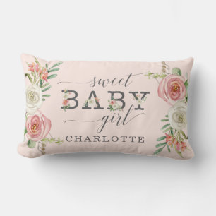 Sweet Baby Girl   Watercolor Blush n White Floral Lumbar Pillow