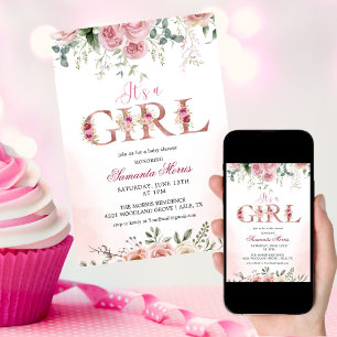  sweet baby girl Watercolor Minimalist Floral Baby Invitation