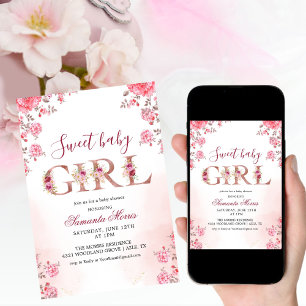  sweet baby girl Watercolor Minimalist Floral Baby Invitation