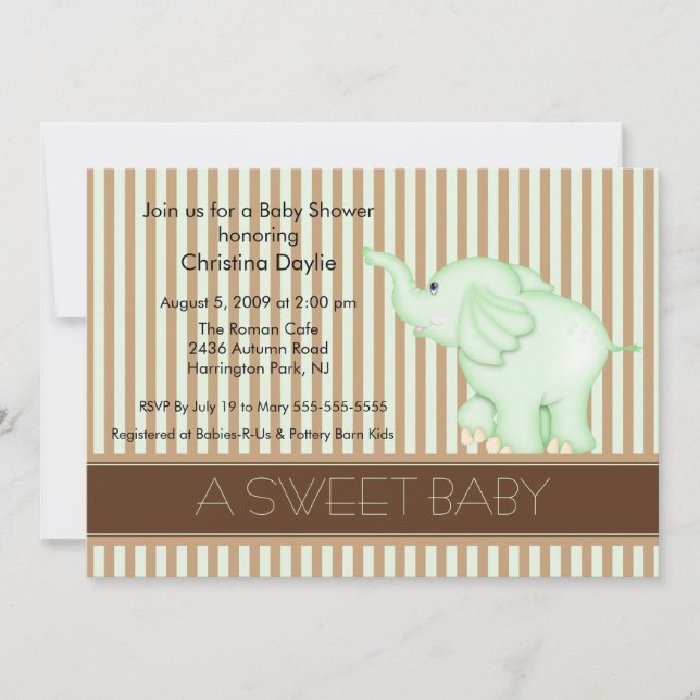 Sweet Baby Green & Brown Elephant Baby Shower Invitation (Front)