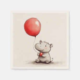 Sweet Baby Hippo with Red Balloon Paper Napkin