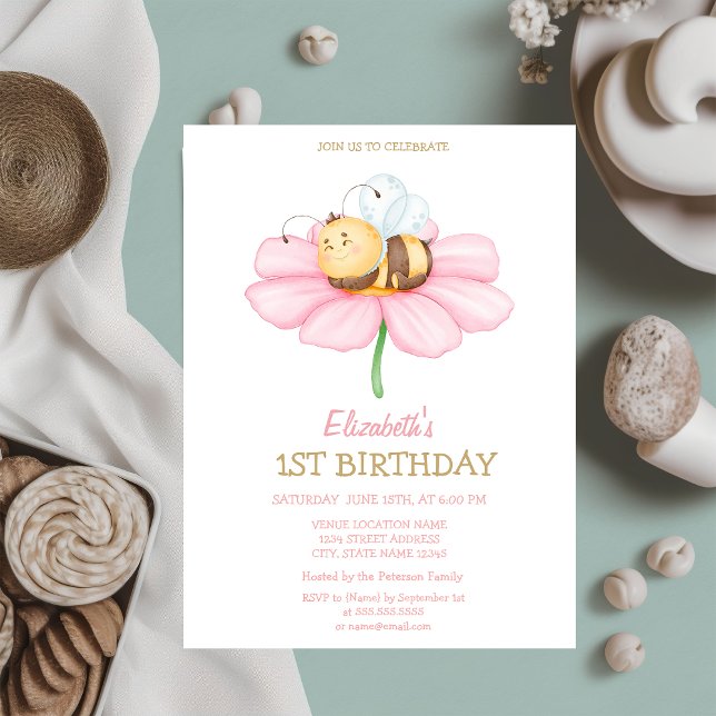 Sweet Baby Honey Bee Flower Striped Birthday  Invitation (Creator Uploaded)
