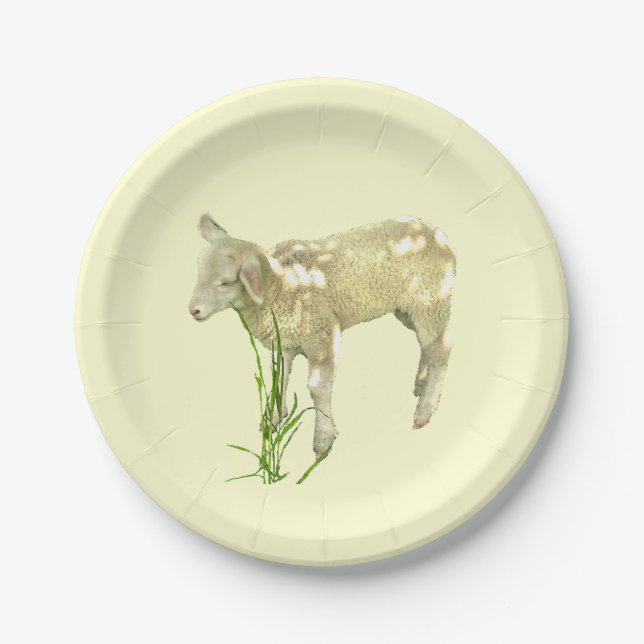 Sweet Baby Lamb on Yellow 7 inch Paper Plate (Front)