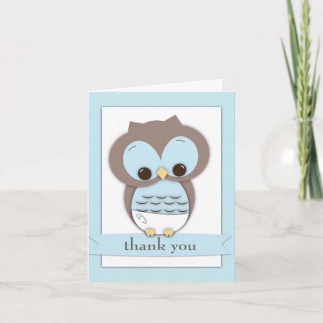 Sweet Baby Owl Boy Thank You Card | Blue (Front)