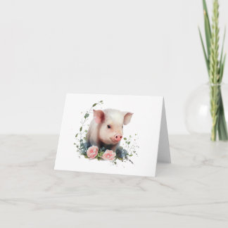 Sweet Baby Piglet with Flowers BLANK  Card