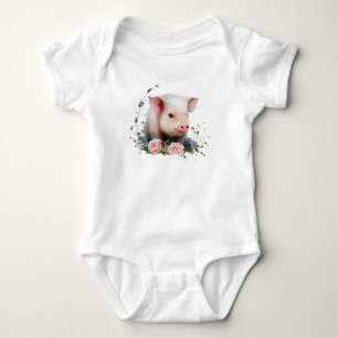 Sweet Baby Piglet with Flowers  Bodysuit