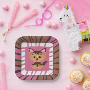 Sweet Baby Pink and Brown Yorkie  Paper Plate