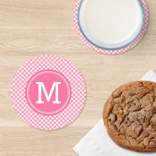 Sweet Baby Pink Gingham Personalize Monogram Round Paper Coaster