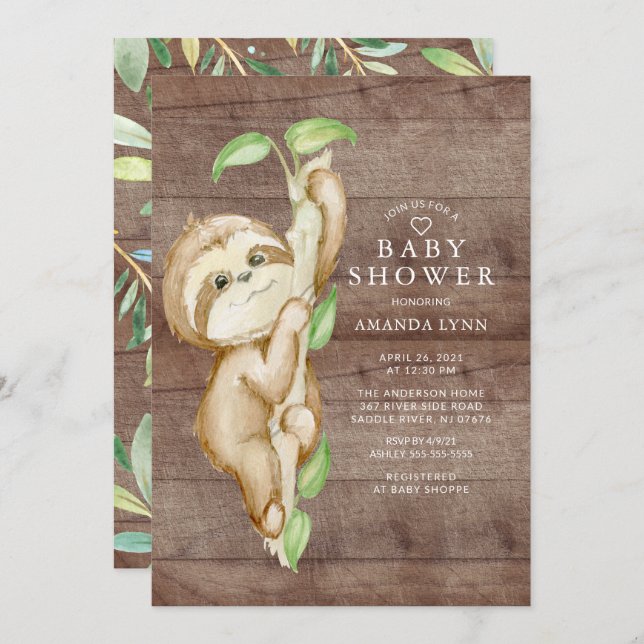 Sweet Baby Sloth Baby Shower Invitation (Front/Back)