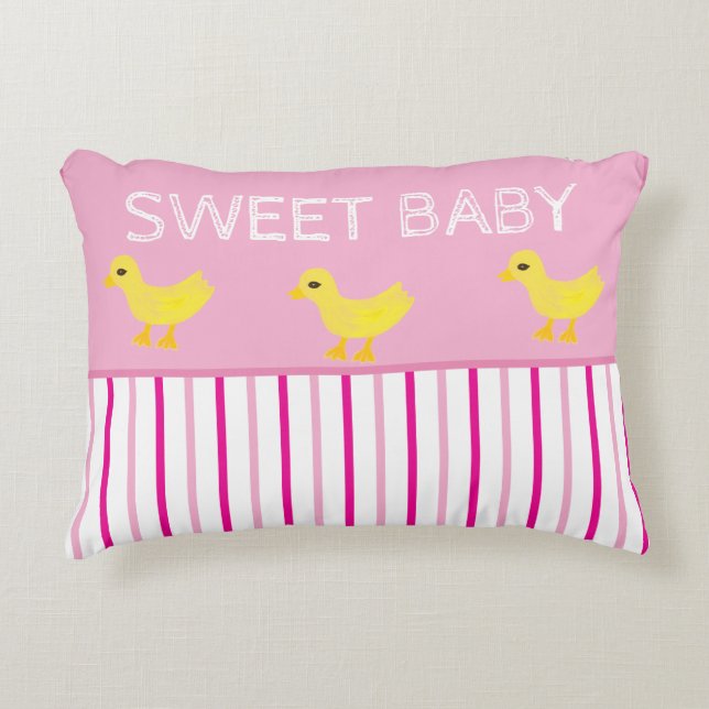 Sweet Baby Yellow Ducks Pink White Stripes Accent Pillow (Front)
