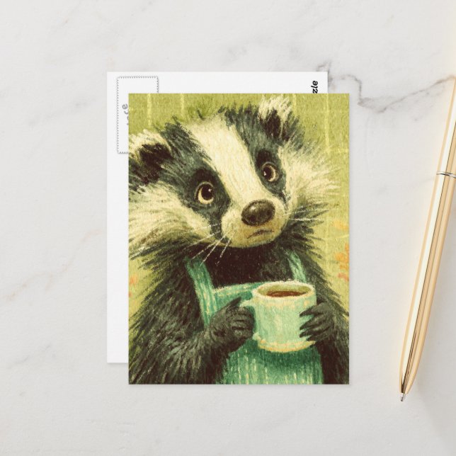 Sweet Badger With a Cup of Coffee Postcard (Front/Back In Situ)