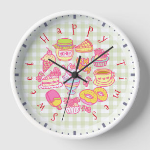 Sweet Bakery and Drinks Green Gingham Clock