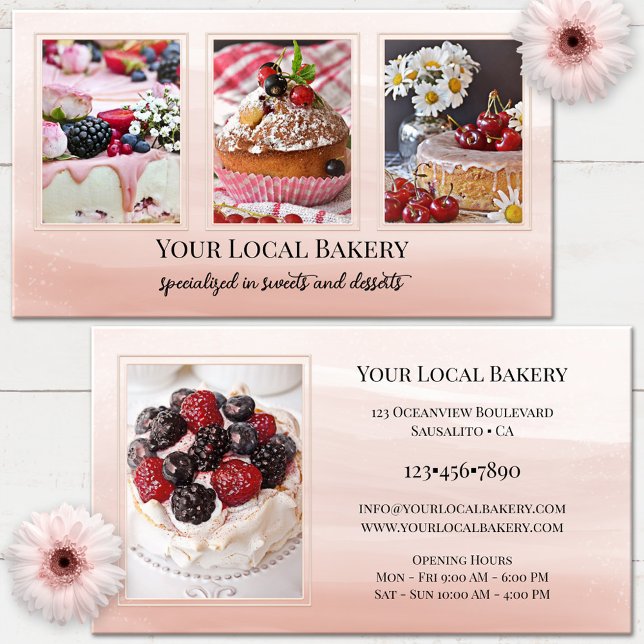 Sweet Bakery Dessert Photo Business Card (Sweet bakery photo business card featuring imagery of sweet cakes and desserts on pink watercolor)