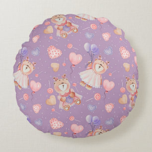 Sweet Ballerina Bear & Balloons Pattern Round Pillow
