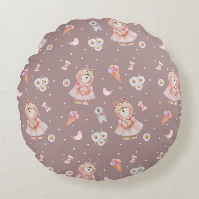 Sweet Ballerina Bear Pattern Round Pillow (Front)