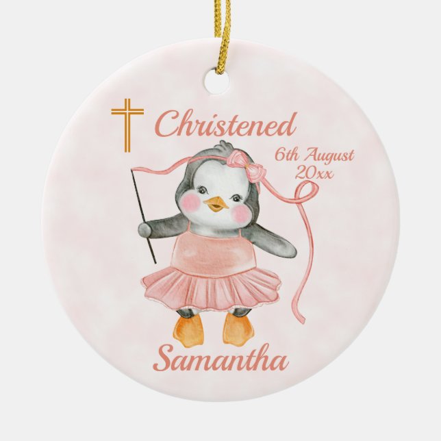 Sweet Baptism Penguin Ballerina Pink  Ceramic Ornament (Front)