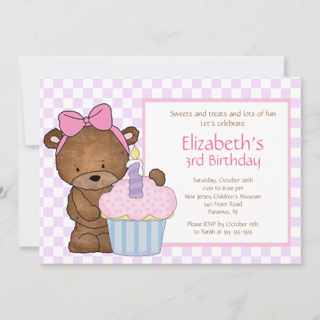 Sweet Bear Cupcake Birthday Invitation (Front)