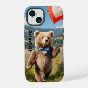 Sweet Bear Holding Heart-Shaped Balloon iPhone 15 Case