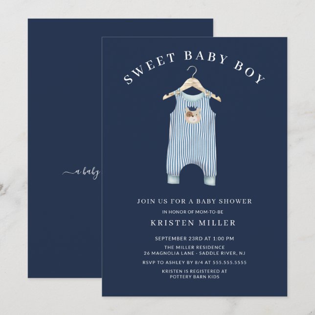Sweet Bear Romper Boys Baby Shower Invitation (Front/Back)