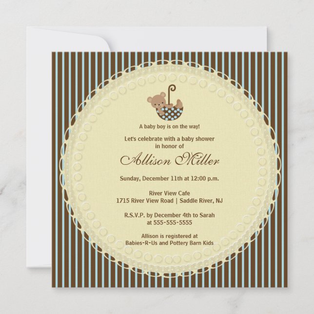 Sweet Bear Umbrella Boy Baby Shower Invitation (Front)