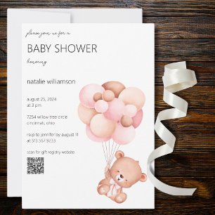 Sweet Bear with Balloons Baby Shower QR Code Invitation
