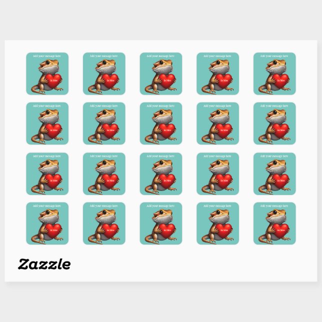 Sweet Bearded Dragon Green Valentine Square Sticker (Sheet)