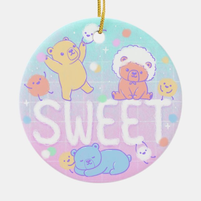 Sweet Bears with Fluffy Monsters Ceramic Ornament (Front)