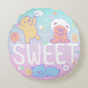 Sweet Bears with Fluffy Monsters Round Pillow