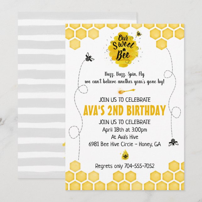 Sweet Bee Birthday Invitation (Front/Back)