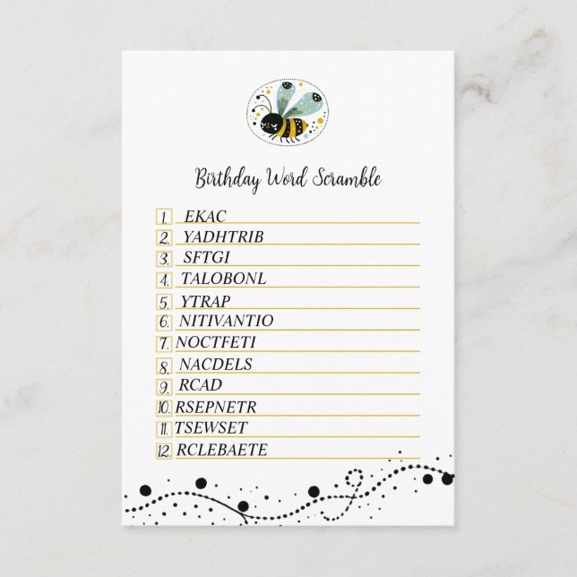 Sweet Bee Birthday Word Scramble Enclosure Card (Front)