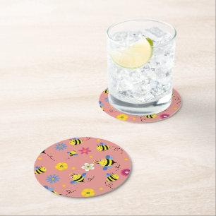 Sweet Bee Blossom Garden Round Paper Coaster