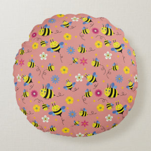 Sweet Bee Blossom Garden Round Pillow
