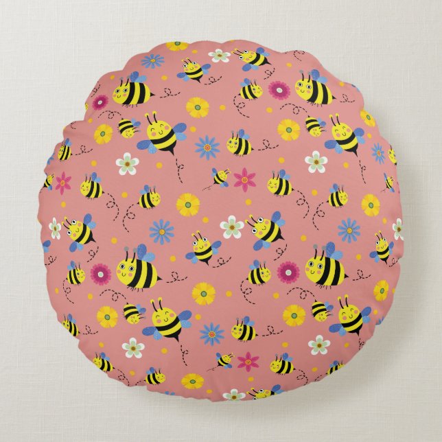 Sweet Bee Blossom Garden Round Pillow (Front)