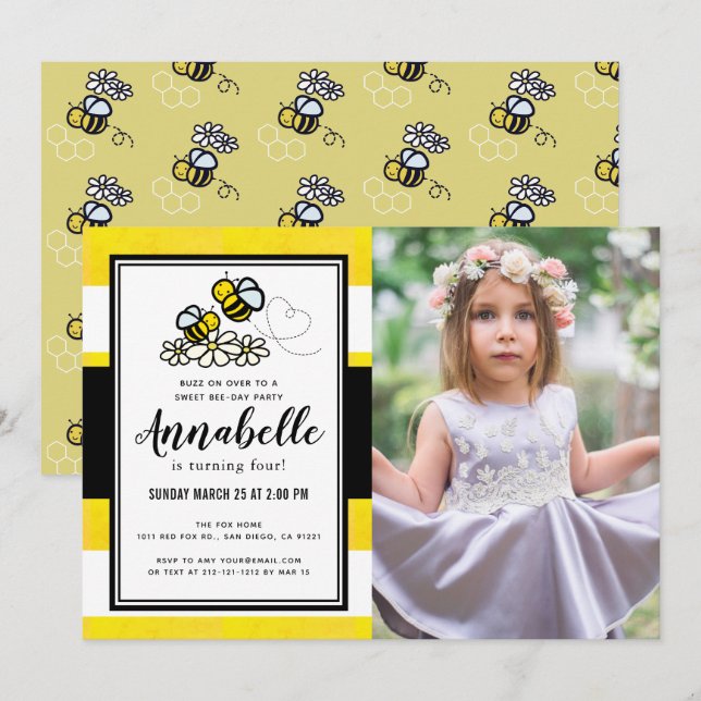 Sweet Bee Day Party Cute Yellow Photo Birthday Invitation (Front/Back)
