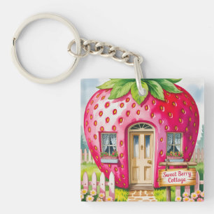 Sweet Berry Cottage" Whimsical Strawberry House Keychain