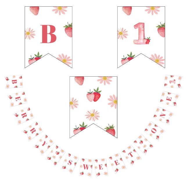 Sweet Berry First Birthday Pastel Pink Red Floral Bunting Flags (Creator Uploaded)