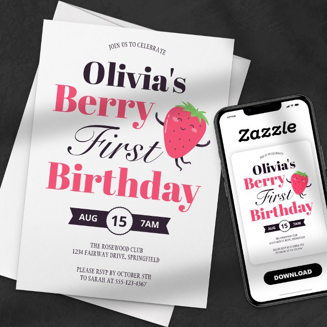 Sweet Berry First Strawberry Birthday Party Invitation (Creator Uploaded)