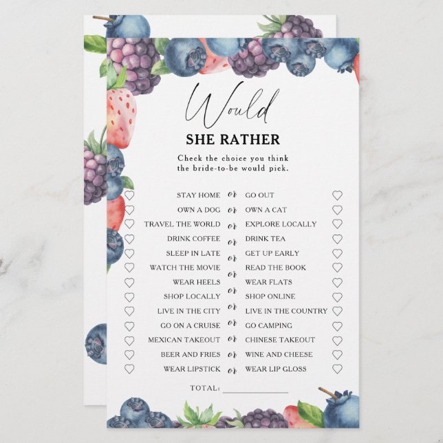 Sweet berry - Would she rather bridal shower game (Front/Back)