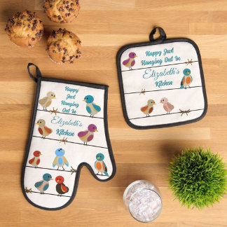 Sweet Bird Lover's Colourful Bright Oven Mitt & Pot Holder Set