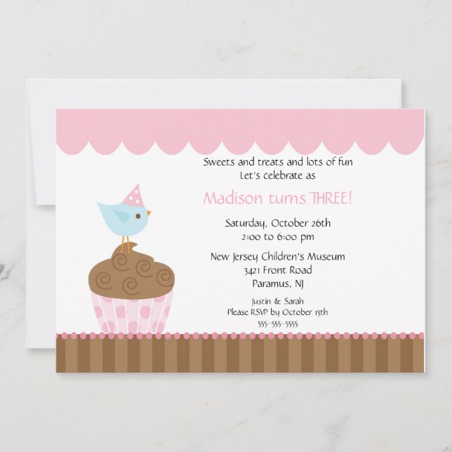 Sweet Bird on Cupcake Birthday Invitation (Front)