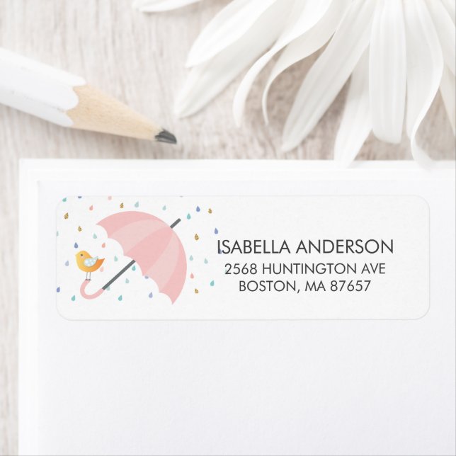 Sweet Bird Umbrella Baby Shower Address Label (Insitu)