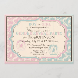 Sweet Birdcage Damask Print Gender Reveal Invitation
