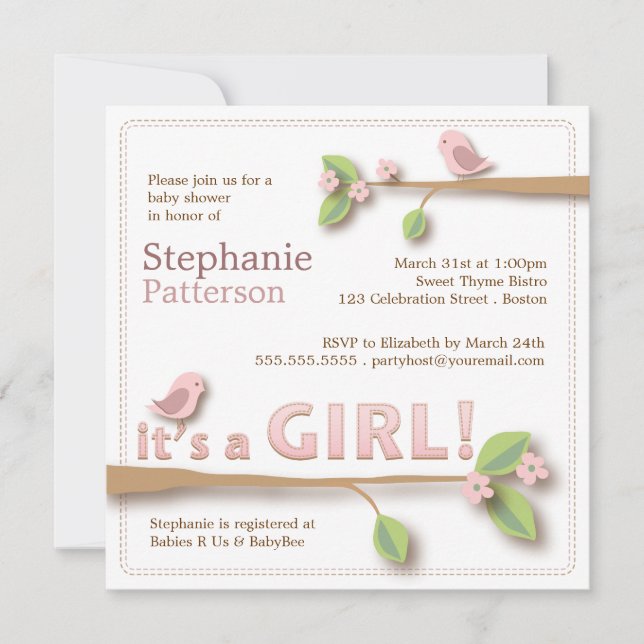 Sweet Birdie C'est une invitation à un Baby shower (Devant)