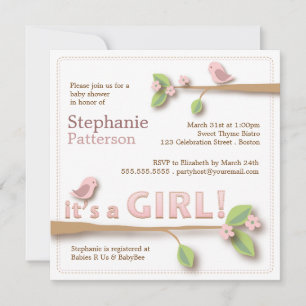 Sweet Birdie It's a Girl Baby Shower Invitation