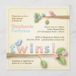 Sweet Birdie Twin Boy Girl Baby Shower Invitation
