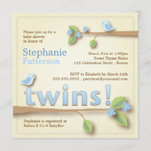 Sweet Birdie Twin Boys Blue Baby Shower Invitation