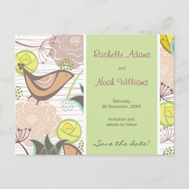 Sweet Birds Floral Garden Save The Date Postcard (Front)